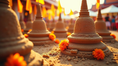 Intricately crafted sand pagodas with yellow flowers at a Thai temple festival, glowing in warm sunset light, symbolizing spirituality, tradition, and cultural celebration during Songkranの素材