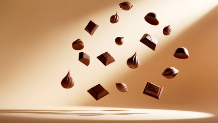 A composition of various chocolate pieces, including pralines, truffles, and chocolate squares, floating in mid-air against a soft beige background.の素材