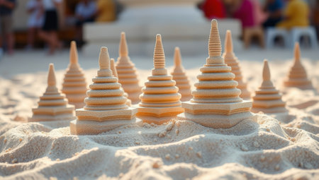 Miniature sand stupas arranged on a beach during a cultural festival or religious event.の素材