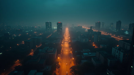 Aerial view of a city skyline at night during a power outage, with dark buildings and illuminated streets forming a dramatic contrast. Urban blackout sceneの素材