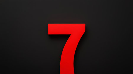 A striking red number 7 is prominently displayed against a deep black background, creating a visually bold and modern aesthetic. The clean typography and high contrast make this image perfect for themes related to luck, numerology, gaming, or contemporary design conceptsの素材