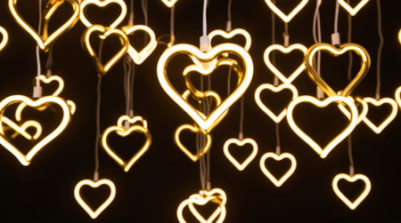 Colorful neon heart lights in yellow hanging on dark wall. Abstract romantic design perfect for love themes, Valentines Day, nightlife and party conceptsの素材
