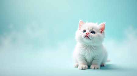 Cute white kitten with curious eyes staring up on a soft blue background. A versatile image for creative and commercial projects with a clean, minimalist aesthetic.の素材