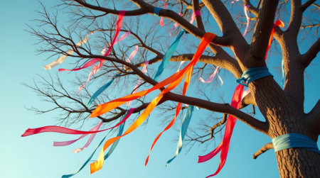 Close-up of a tree branch decorated with numerous colorful ribbons, symbolizing wishes, prayers, or cultural traditionsの素材