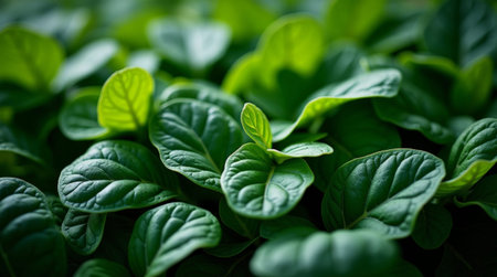Close-up of fresh organic spinach leaves with rich green color and texture. Ideal for health, nutrition, and vegan food concepts.の素材