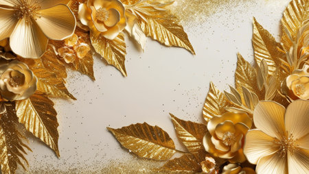 Luxury floral frame made of golden flowers and glitter leaves. Ideal for elegant cards, invitations, banners, and festive backgrounds.の素材