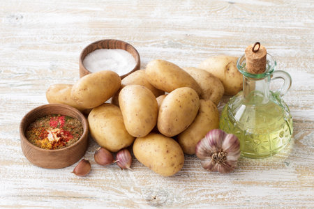 Whole raw potatoes with garlic, vegetable oil and colorful spices on rustic wooden table, healthy natural cooking ingredients.の写真素材