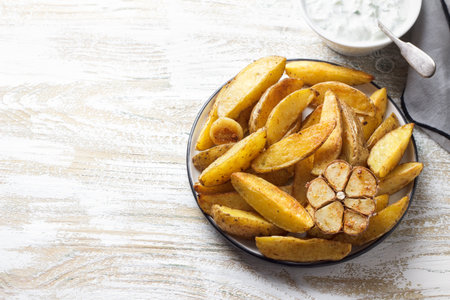 Golden baked potato wedges with garlic, spices and Greek tzatziki sauceon rustic plate. Tasty homemade snack or side dish, healthy vegetarian foodの写真素材