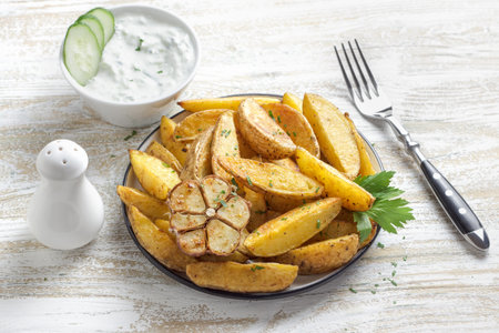 Golden baked potato wedges with garlic, spices and Greek tzatziki sauceon rustic plate. Tasty homemade snack or side dish, healthy vegetarian food.の写真素材
