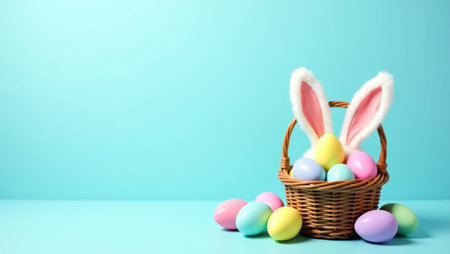 Wicker basket with colorful easter eggs and bunny ears on light blue background with empty space for...
