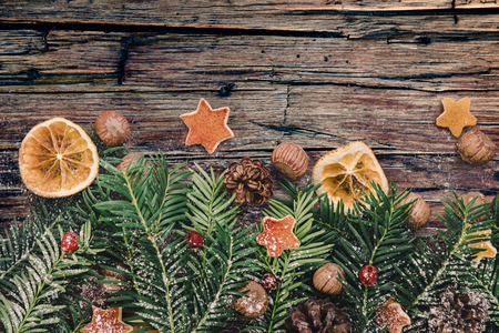 Christmas border design on the wooden backgroundの写真素材