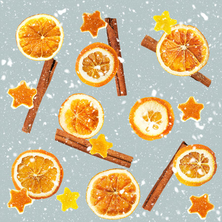 Christmas background of dried oranges, peel in the shape of a star and with cinnamon. Seamless...