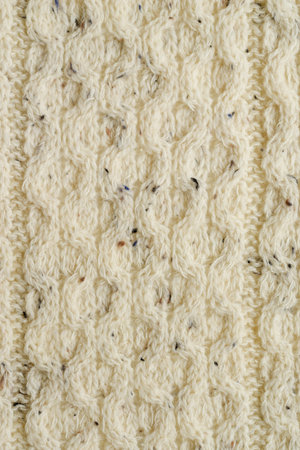 Knitted white fabric texture from wool with a relief pattern. Warm winter clothes or blanket....