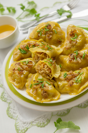 Dumplings with cabbage and fried onions.の写真素材
