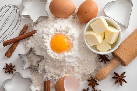 Baking ingredients for christmas cookies on white background. Top view