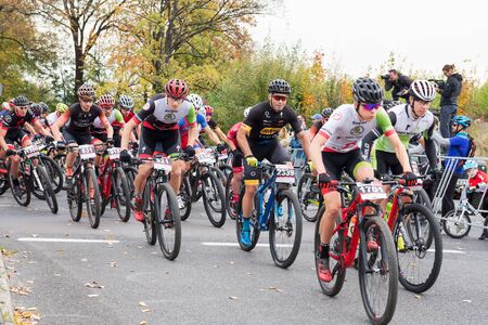 Poland, Sobotka - october 19th 2019: Athletes on bicycles began a bike raceのeditorial素材