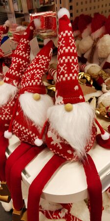 Wroclaw, Poland - 09.11.2019: Christmas decorations and toys for sale in a supermarket. Red christmas colorのeditorial素材