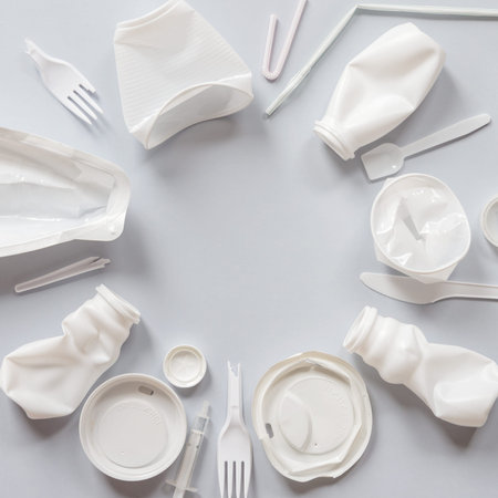 Used white plastic packaging for food on a gray background. The concept of protecting the...