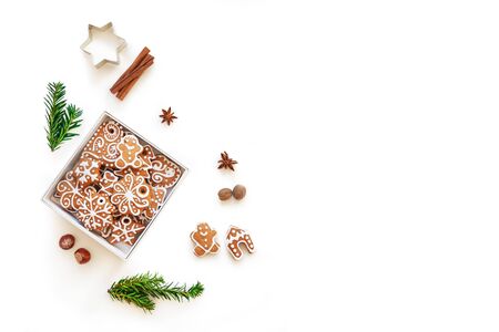 Xmas gingerbread cookies isolated on a white background. Christmas, New Year, winter concept. Christmas sweet composition. Flat lay, top view, copy spaceの写真素材