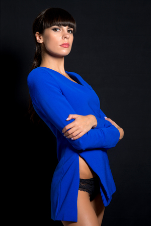 the woman in a jacket and underwearの写真素材