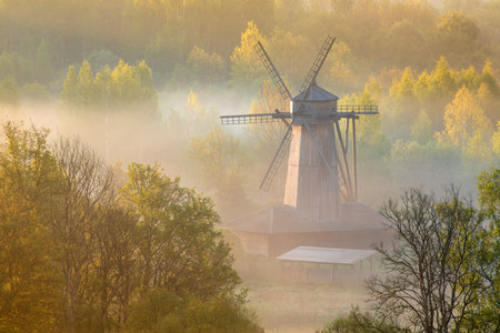 Windmill in the morning in fog