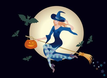 Beautiful woman a witch flies on a broom with a pumpkin-lantern on a background Lunar/Marsの写真素材