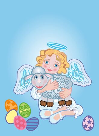 Background for the easter congratulating on an angel and sheepの写真素材