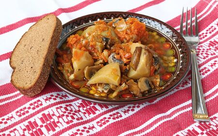 Extinguished potato with a carrot and mushrooms. Lean dinnerの写真素材