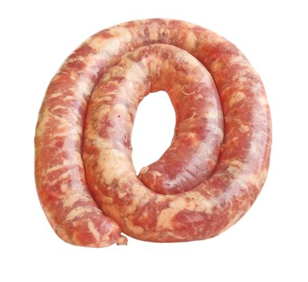 Ring of raw sausage from the pork stuffing on a white backgroundの写真素材