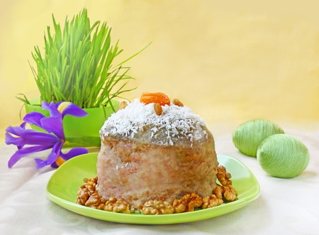 Traditional easter cake with eggs and flower of taffyの写真素材
