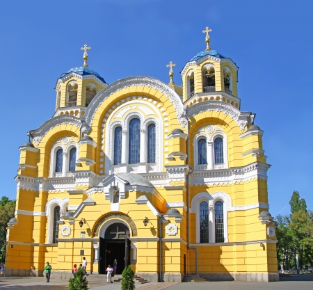 An age-old christian cathedral temple of sainted Vladimir is in Kiev, Ukraine, by a sun canicular dayの写真素材