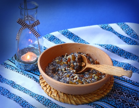 Sacral lean porridge from a wheat, poppy, nuts and honey, which is cooking in eve Christmasの写真素材