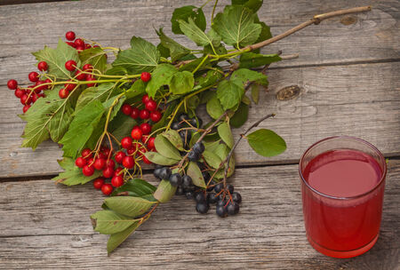Healing drink of viburnum and viburnum berries on wooden backgroundの写真素材