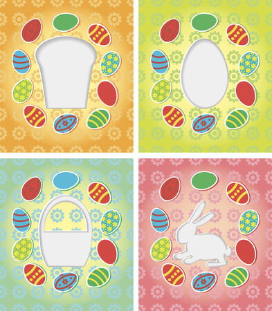 Template for happy Easter card with Easter eggs, basket, bunny, Easter cake silhouettes cut from paperのイラスト素材