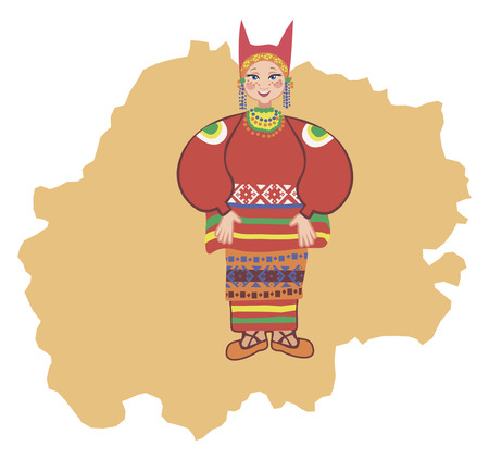 Woman in traditional folk costume of the Ryazan region on the background of the map of the regionのイラスト素材
