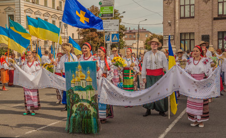 KIEV, UKRAINE - AUGUST 24: Ukraine Independence Day. Kontraktova area in Podil Ukrainian vyshivanok (embroidered shirts) parade, Ukraine on August 24, 2014.のeditorial素材