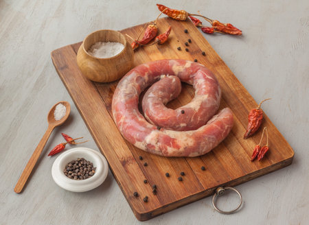 Ring of raw sausage on a cutting board with pepper, spices and salton a gray tableの写真素材