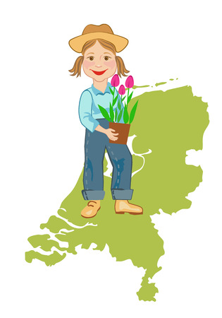 Girl in working clothes with a pot of tulips on a background map of Hollandのイラスト素材