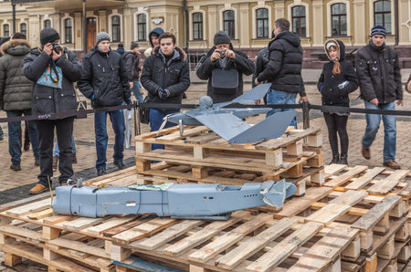 KIEV, UKRAINE - FEBRUARY 21: 20-28 February in Kiev, St. Michael's Square, an exhibition of "Presence". It presents samples of military equipment and ammunition used by Russian troops in the Donbas.のeditorial素材
