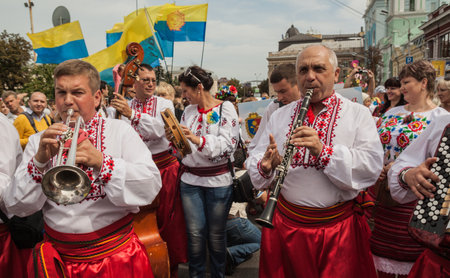 KIEV, UKRAINE - AUGUST 24: Ukraine Independence Day. A delegation from the Khmelnitsk region in national traditional costume  regions, Ukraine on August 24, 2014.のeditorial素材
