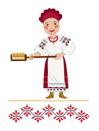 A woman in a national Ukrainian suit bakes donutsのイラスト素材