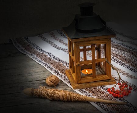 Slavs from the late autumn started large seasonal winter work: spinning, weaving, sewing, embroidery.の写真素材