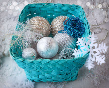 Christmas decoration  in blue box. Winter holidays concept. Retro style toned.の写真素材