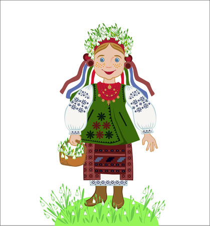 The girl in the Ukrainian costume collects snowdropsのイラスト素材