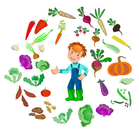 illustration of happy farmer and vegetablesのイラスト素材