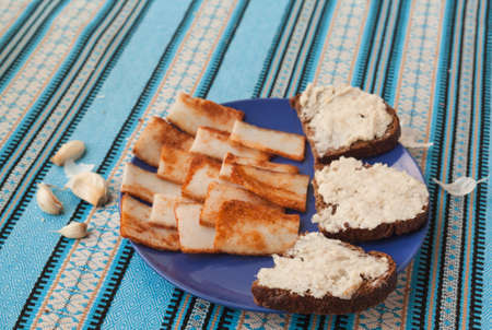 "Pomazuha" traditional bread spread made of lard and garlic consumed of rye bread in Ukraine. Typical ukrainian meal.の写真素材