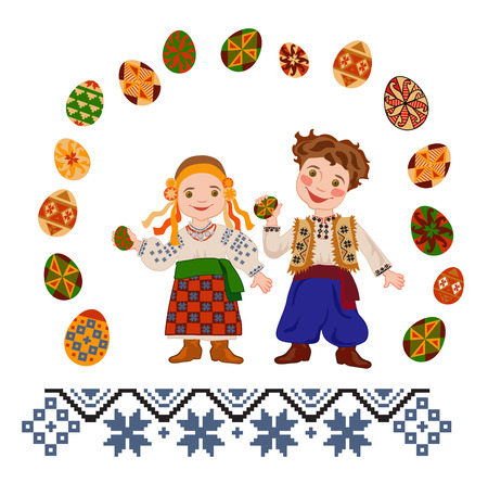 A little children in Ukrainian national dress is holding an Easter eggs on the white backgroundのイラスト素材