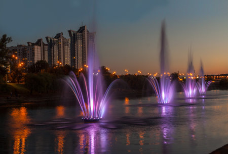 UKRAINE, KIEV - August 25, 2016: Fountains with soundlights on Rusanovska waterfront in the Independence Day of Ukraine in Kyivのeditorial素材