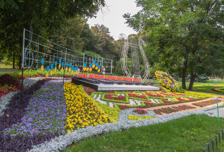 KYIV, UKRAINE - Sep 4, 2016: Aug 19- Sep 18 held  61 flower exhibition to 25 anniversary of Independence of Ukraine on 2016 in Kiev, Ukraine. Composition is dedicated to author of anthem Ukraine Lysenkoのeditorial素材