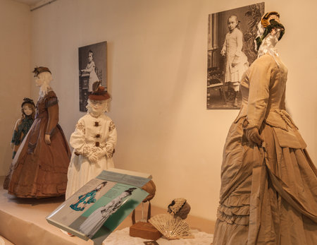 KIEV, UKRAINE - OCT12: Children's and women's dresses are on display at the museum exhibit of Marina Ivanova's private collection of vintage woman's clothes on Oct.12, 2016 in Kiev, Ukraine.のeditorial素材